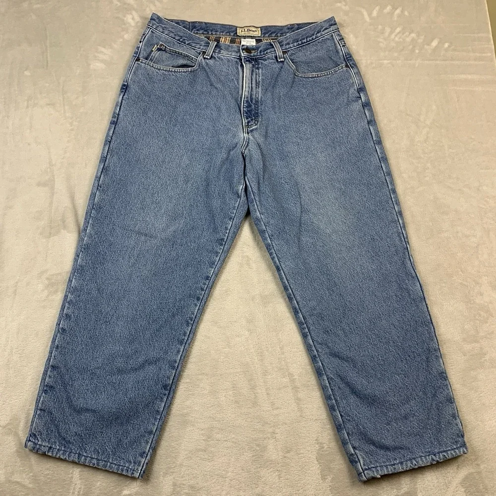 L L Bean Flannel Lined Jeans Mens 36x29* Blue Denim Relaxed Fit Work Outdoors
